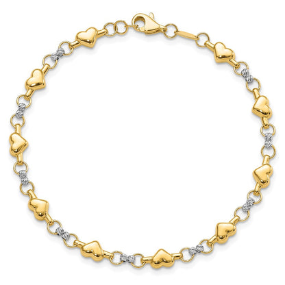 14K Bicolor Poliert Diamantiert Herz 7.5 Zoll Armband