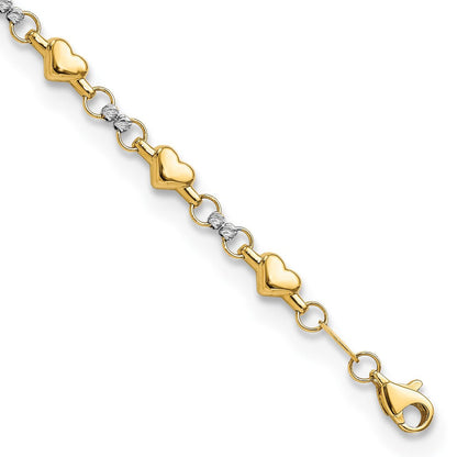 14K Bicolor Poliert Diamantiert Herz 7.5 Zoll Armband