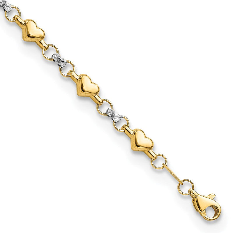 14K Bicolor Poliert Diamantiert Herz 7.5 Zoll Armband