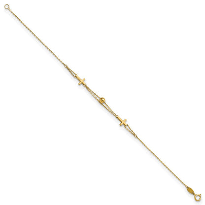 14K Gelbgold Poliert Doppelt Strang Kreuz 7.5 Zoll Armband
