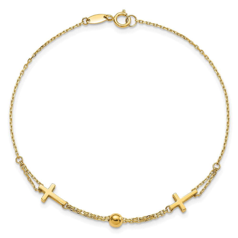 14K Gelbgold Poliert Doppelt Strang Kreuz 7.5 Zoll Armband