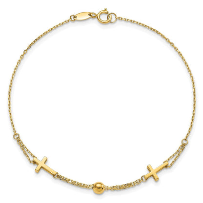 14K Gelbgold Poliert Doppelt Strang Kreuz 7.5 Zoll Armband