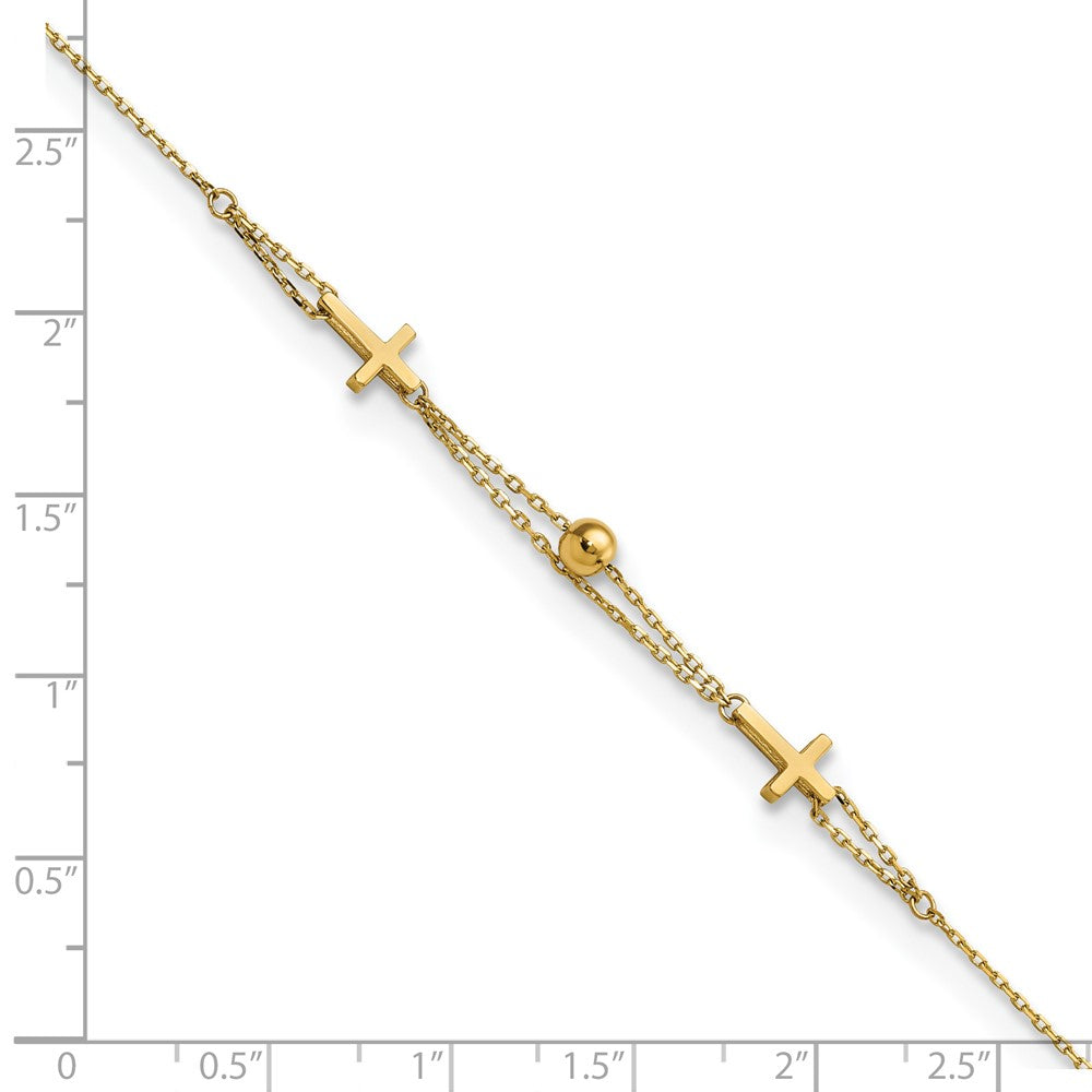 14K Gelbgold Poliert Doppelt Strang Kreuz 7.5 Zoll Armband