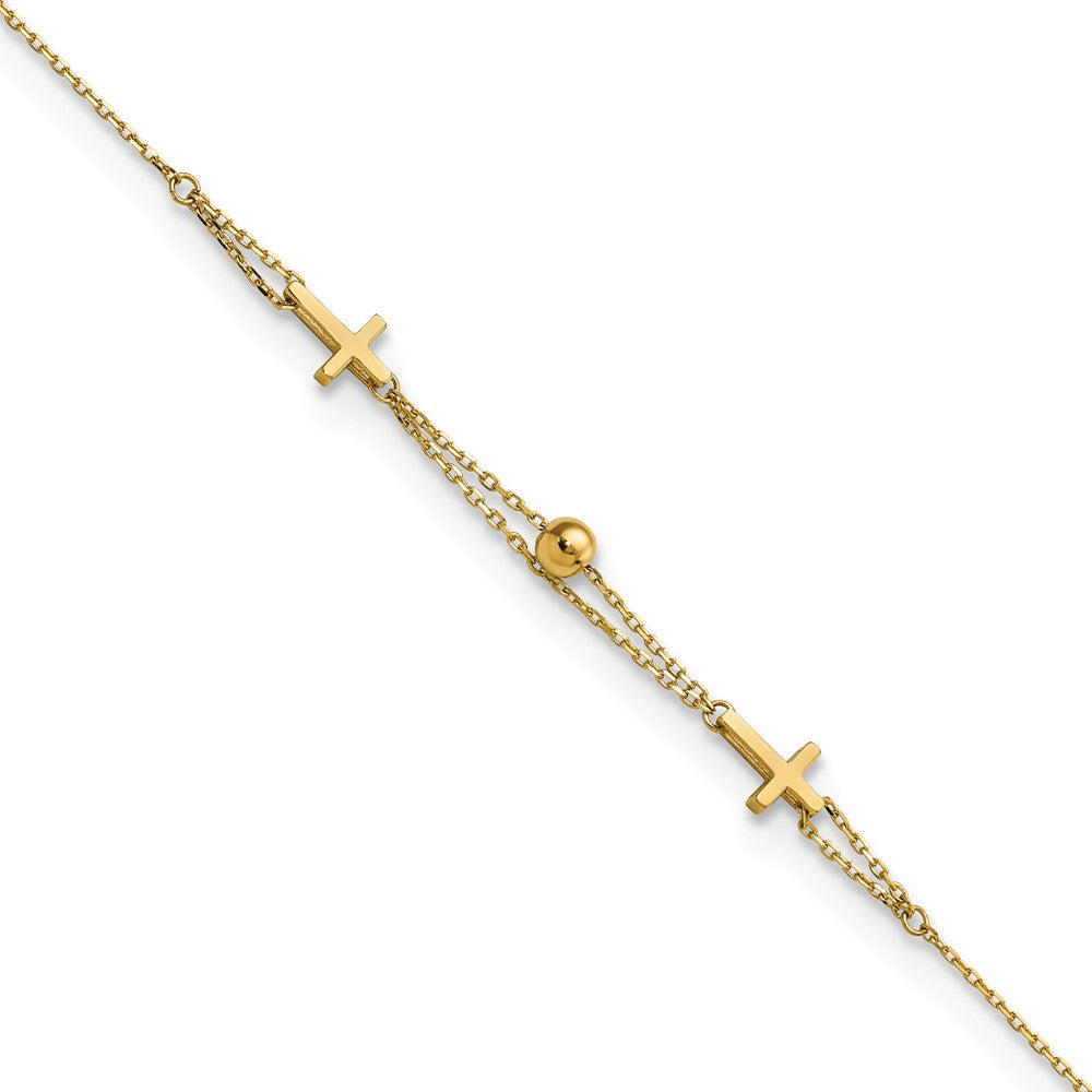14K Gelbgold Poliert Doppelt Strang Kreuz 7.5 Zoll Armband