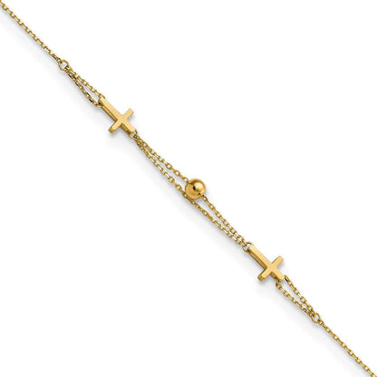 14K Gelbgold Poliert Doppelt Strang Kreuz 7.5 Zoll Armband