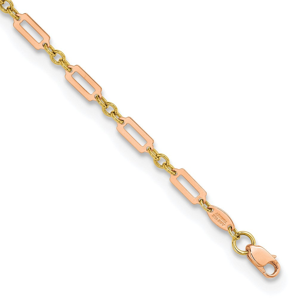 14K Bicolor Poliert Fantasie Rechteck Glieder 7.5 Zoll Armband