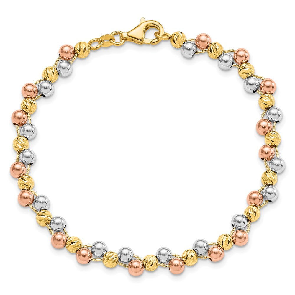 7.5 Zoll 14K Tricolor Poliert und Diamantiert Gekugelt Armband