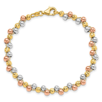 7.5 Zoll 14K Tricolor Poliert und Diamantiert Gekugelt Armband