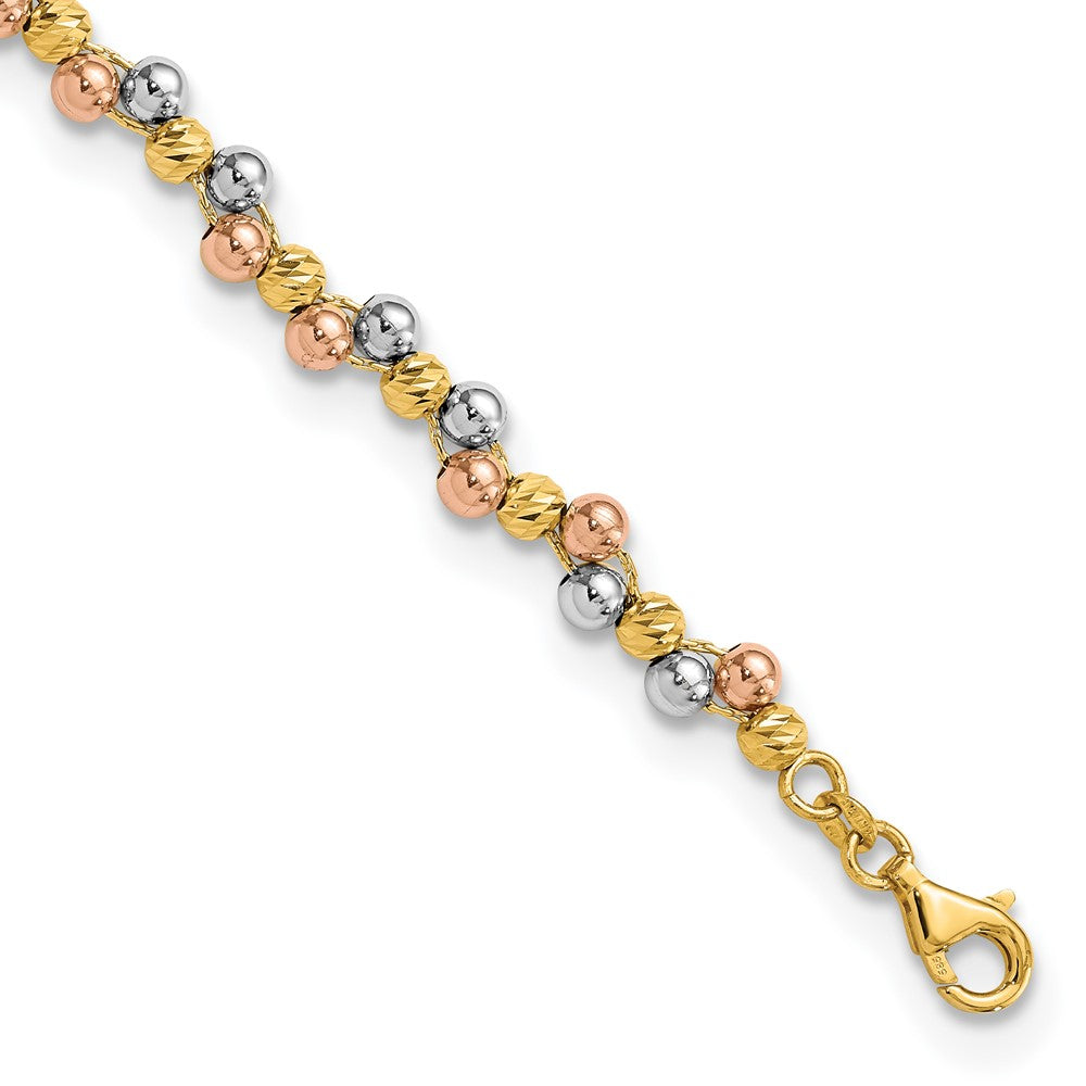 7.5 Zoll 14K Tricolor Poliert und Diamantiert Gekugelt Armband