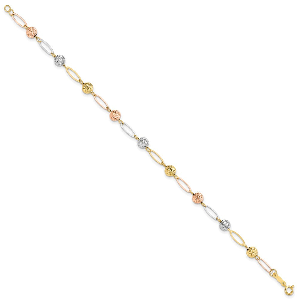 7 Zoll 14K Tricolor Diamantiert Perlen Glieder Armband