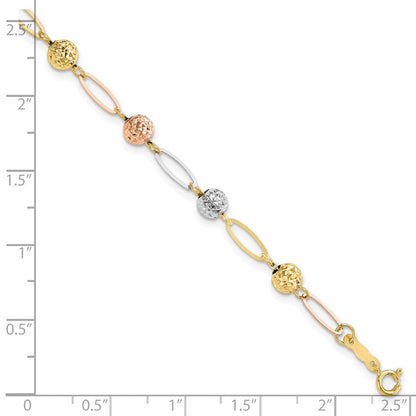 7 Zoll 14K Tricolor Diamantiert Perlen Glieder Armband