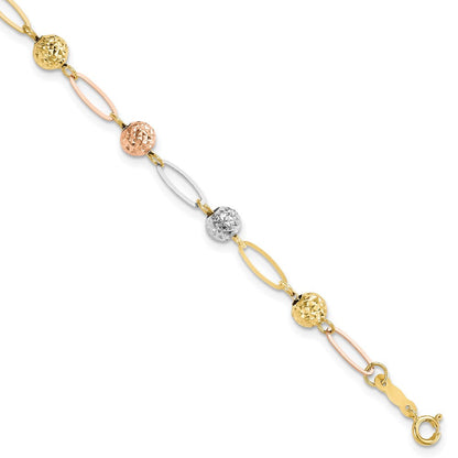 7 Zoll 14K Tricolor Diamantiert Perlen Glieder Armband