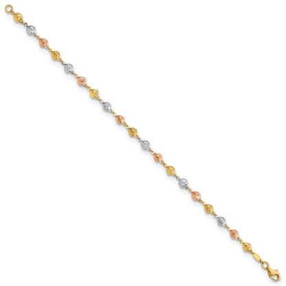 14K Tricolor Poliert Diamantiert Herzen Gliederarmband