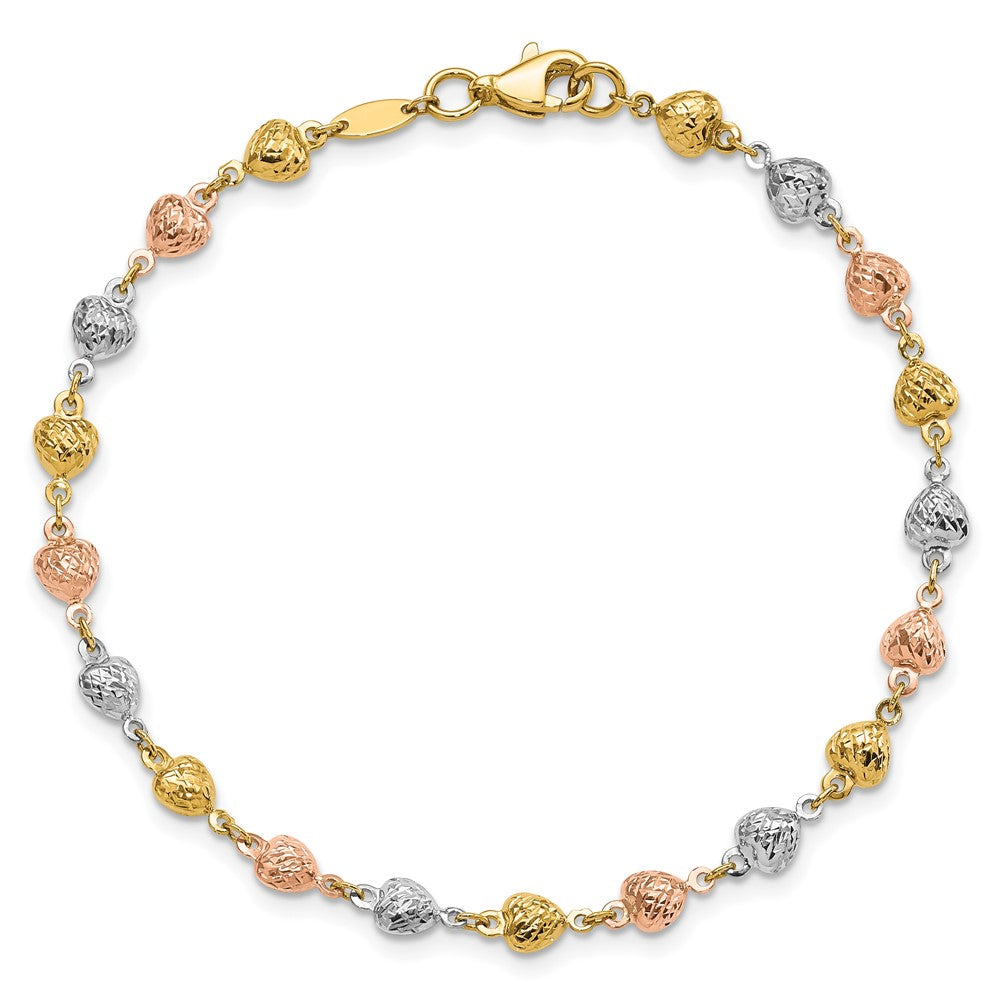 14K Tricolor Poliert Diamantiert Herzen Gliederarmband
