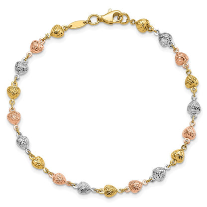 14K Tricolor Poliert Diamantiert Herzen Gliederarmband