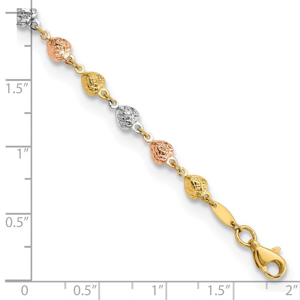14K Tricolor Poliert Diamantiert Herzen Gliederarmband
