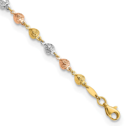 14K Tricolor Poliert Diamantiert Herzen Gliederarmband