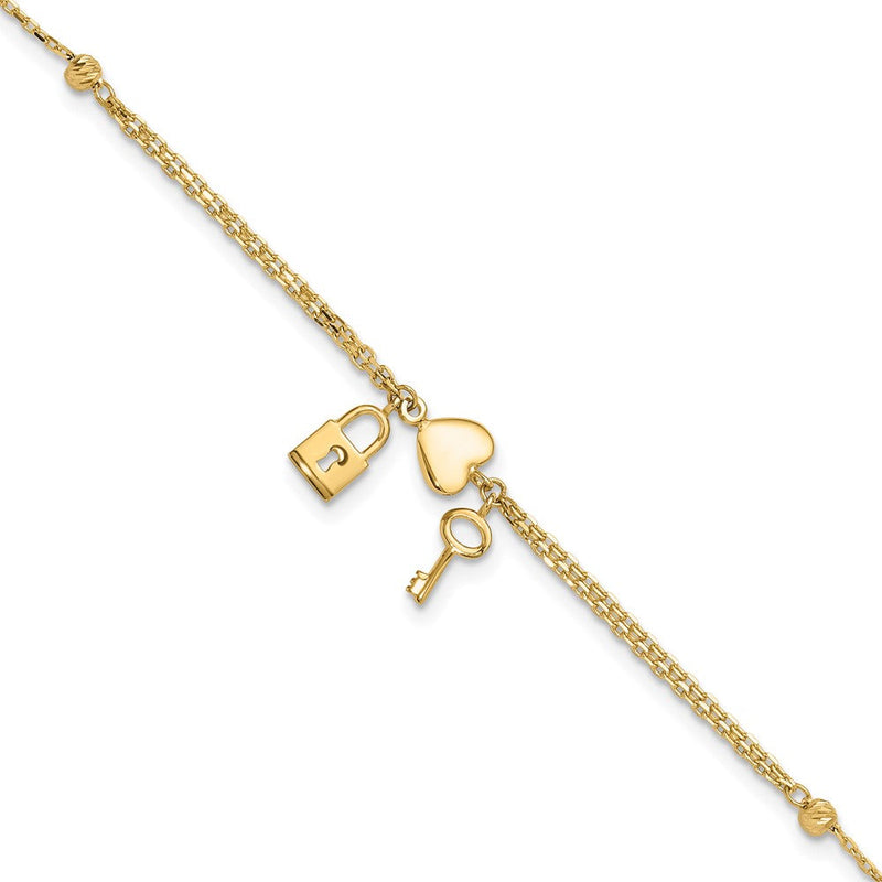 14K Gelbgold Poliert und Diamantiert Herz Schloss und Key Mit.5 Zoll Verlängerung. Armband
