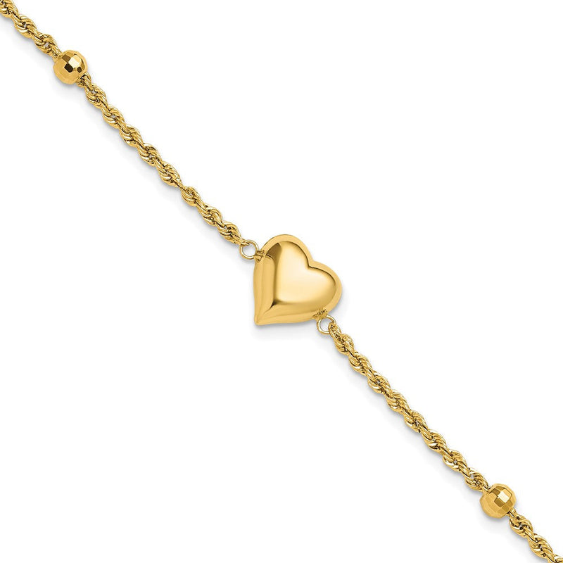 14K Gelbgold Poliert und Diamantiert Gekugelt Puff Herz 7.75 Zoll Armband