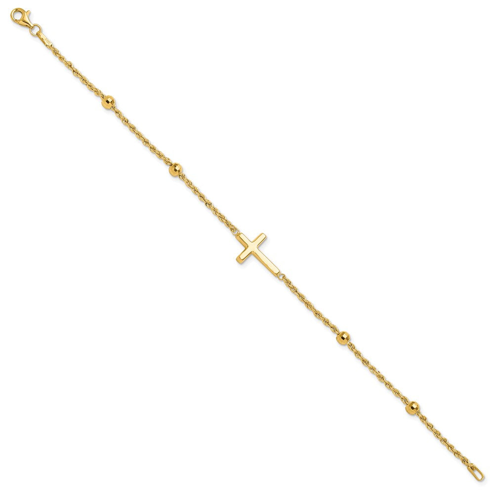 14K Gelbgold Diamantiert Gekugelt Kreuz 7.5 Zoll Armband