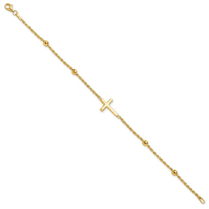 14K Gelbgold Diamantiert Gekugelt Kreuz 7.5 Zoll Armband