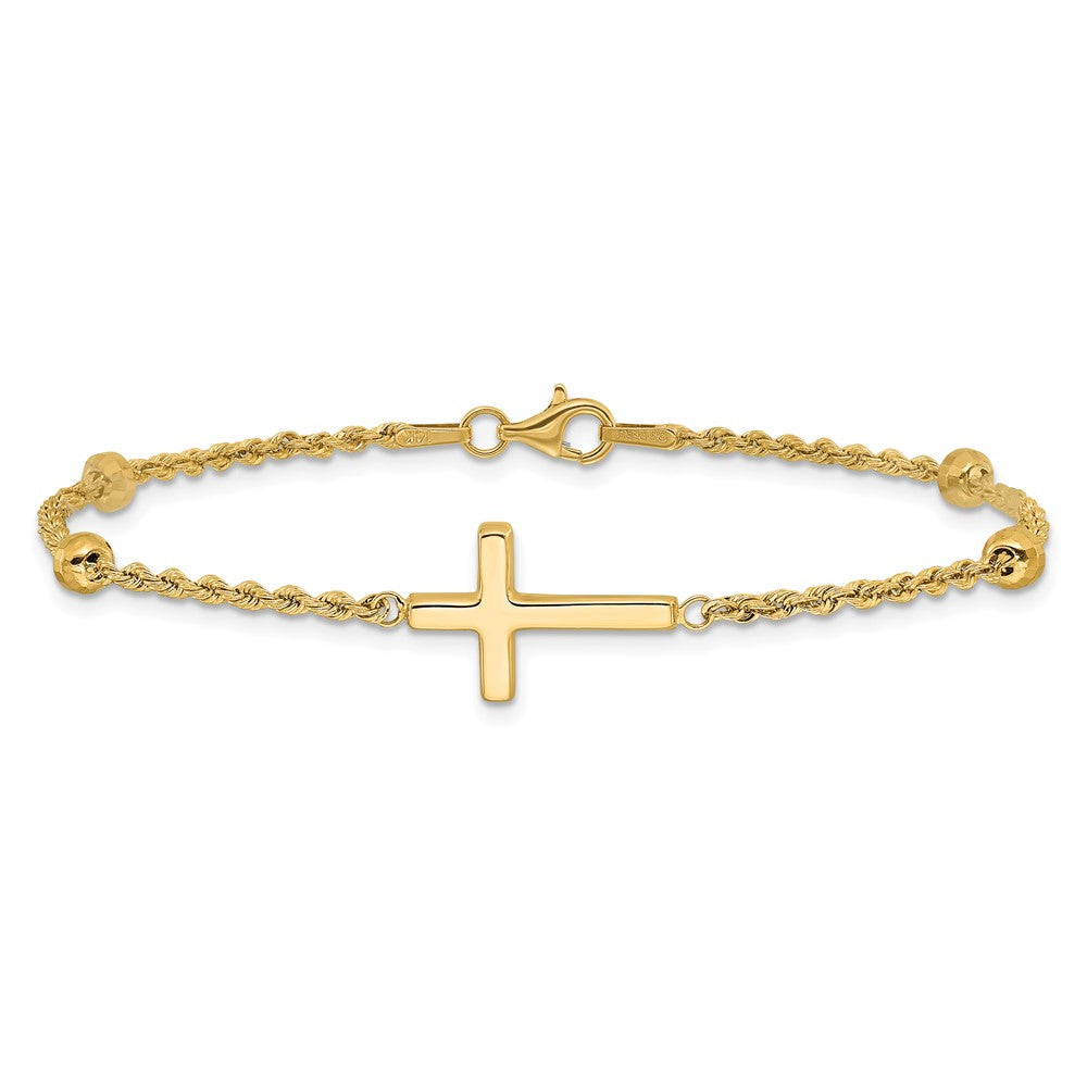 14K Gelbgold Diamantiert Gekugelt Kreuz 7.5 Zoll Armband