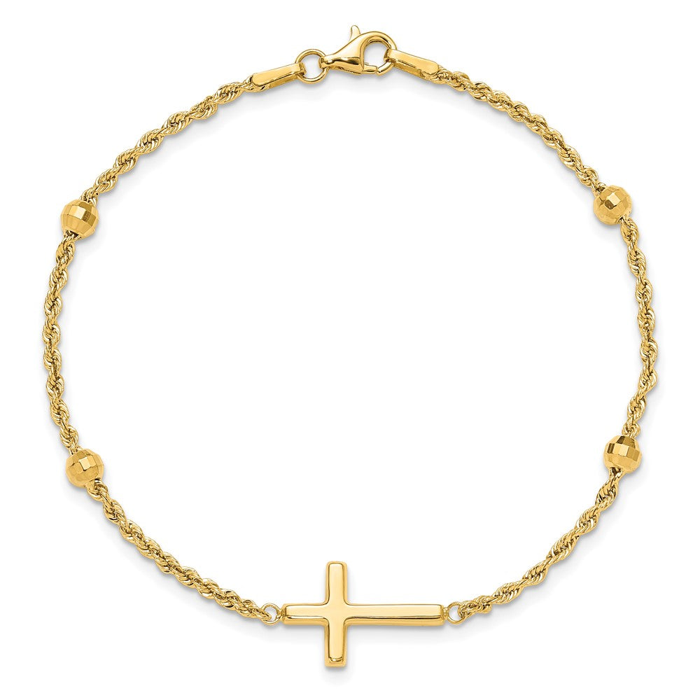 14K Gelbgold Diamantiert Gekugelt Kreuz 7.5 Zoll Armband