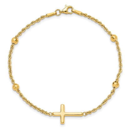 14K Gelbgold Diamantiert Gekugelt Kreuz 7.5 Zoll Armband