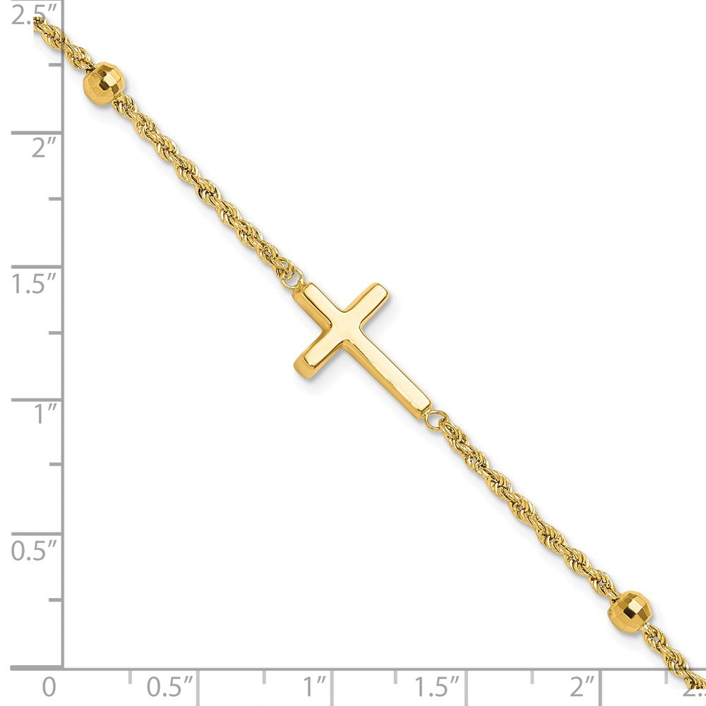 14K Gelbgold Diamantiert Gekugelt Kreuz 7.5 Zoll Armband