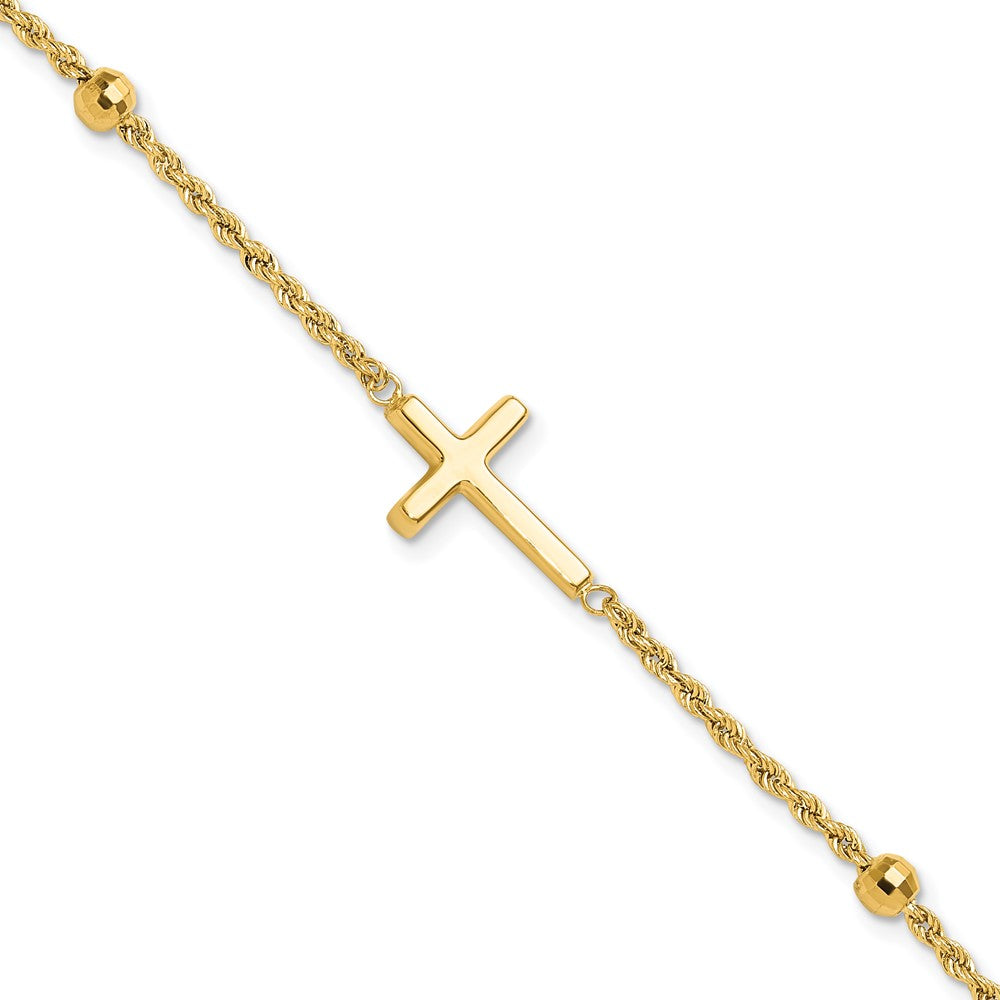 14K Gelbgold Diamantiert Gekugelt Kreuz 7.5 Zoll Armband
