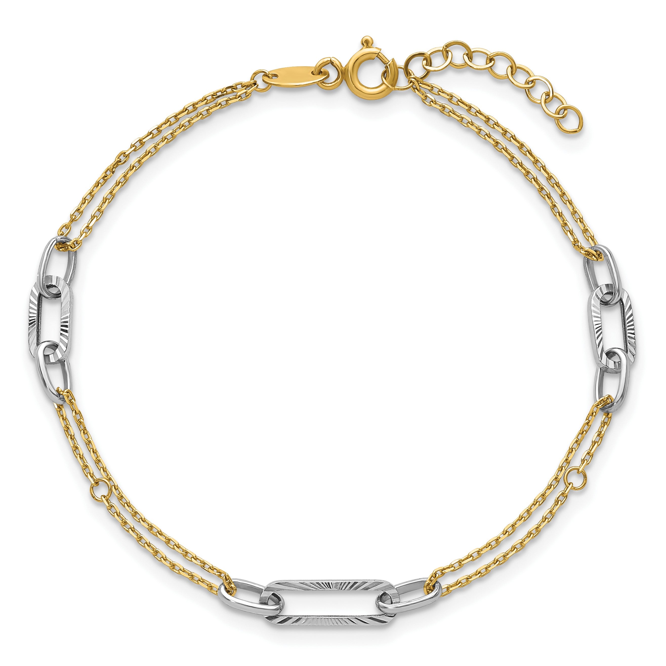 14K Bicolor Gold Bicolor Poliert und Diamantiert 3-station 6.5 Zoll Armband Plus 0.75 Zoll Verlängerung