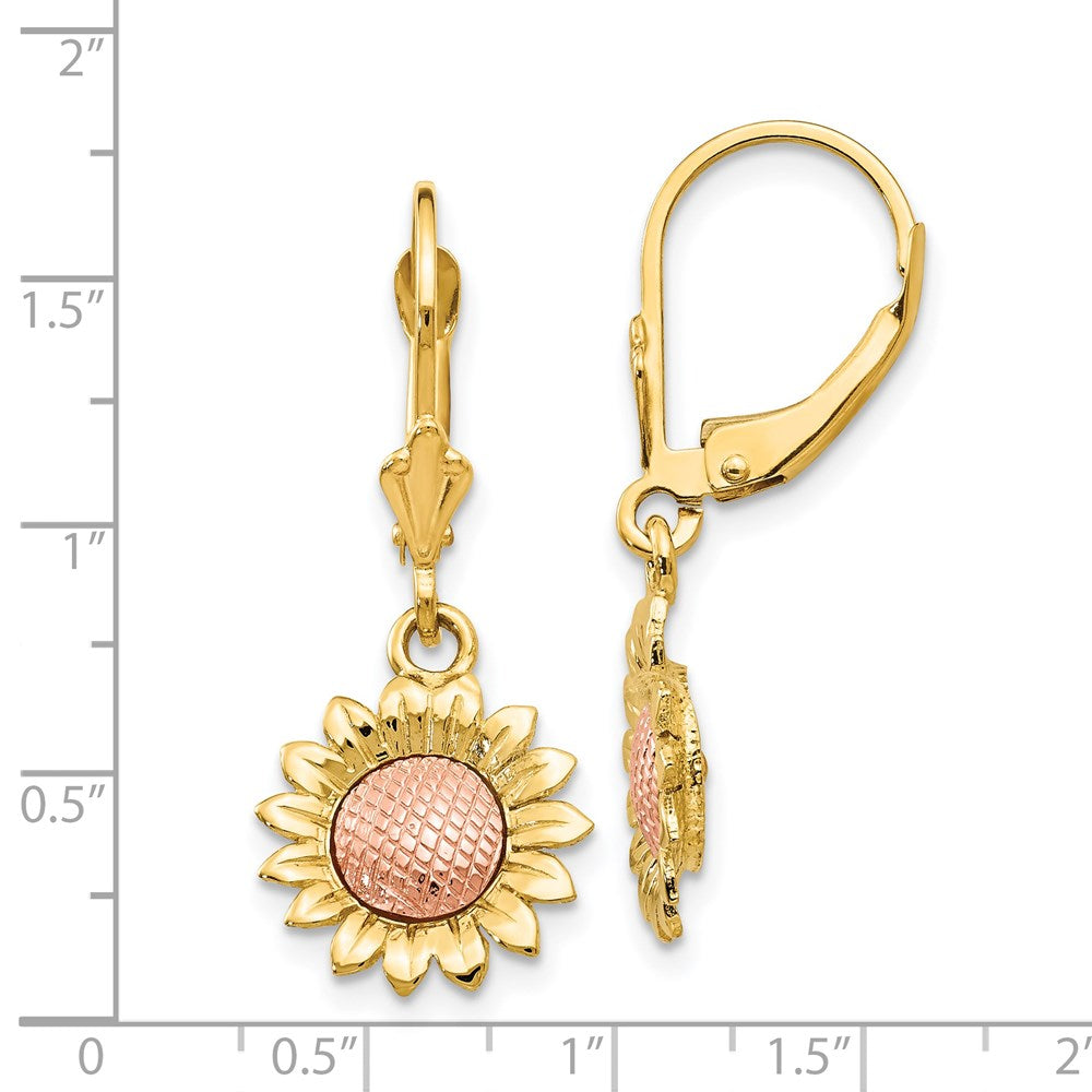14K Bicolor Poliert Sonnenblume Hängend Ohrhänger mit Brisur