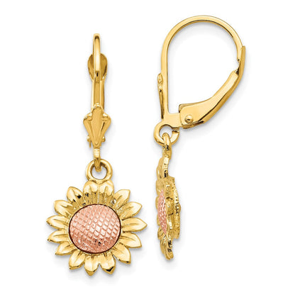 14K Bicolor Poliert Sonnenblume Hängend Ohrhänger mit Brisur