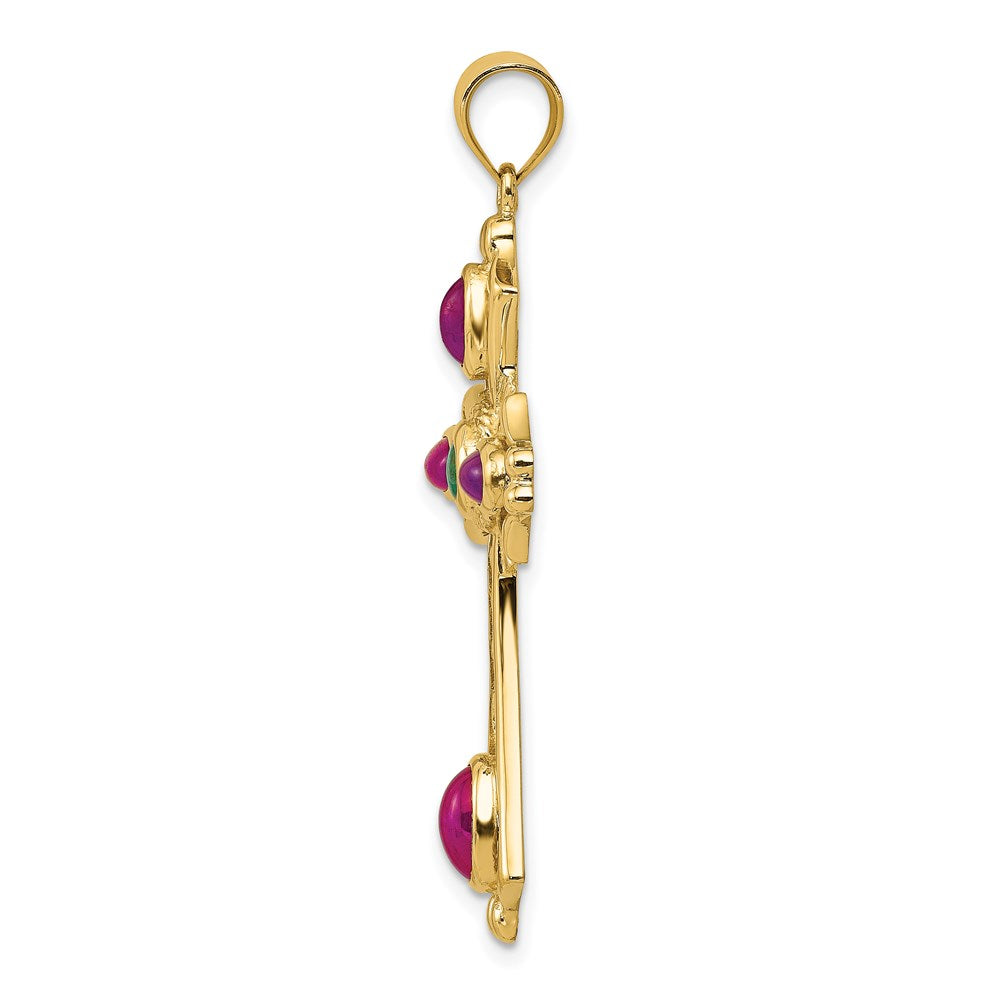14K Gelbgold Rubin und Smaragd Cabochon Kreuz Anhänger