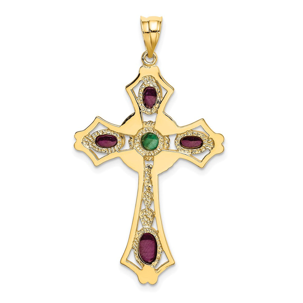 14K Gelbgold Rubin und Smaragd Cabochon Kreuz Anhänger