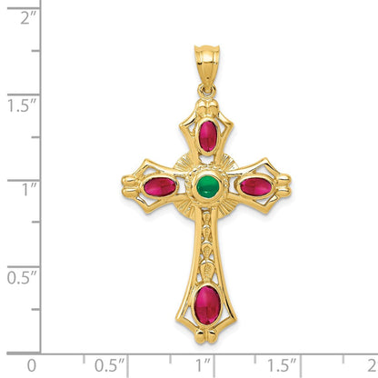 14K Gelbgold Rubin und Smaragd Cabochon Kreuz Anhänger