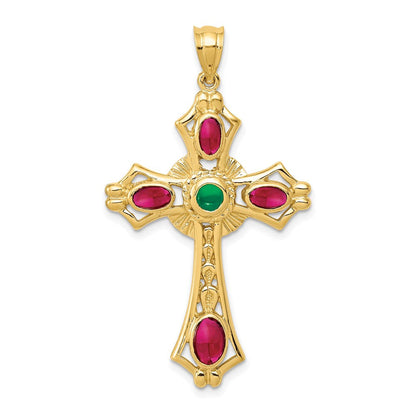 14K Gelbgold Rubin und Smaragd Cabochon Kreuz Anhänger