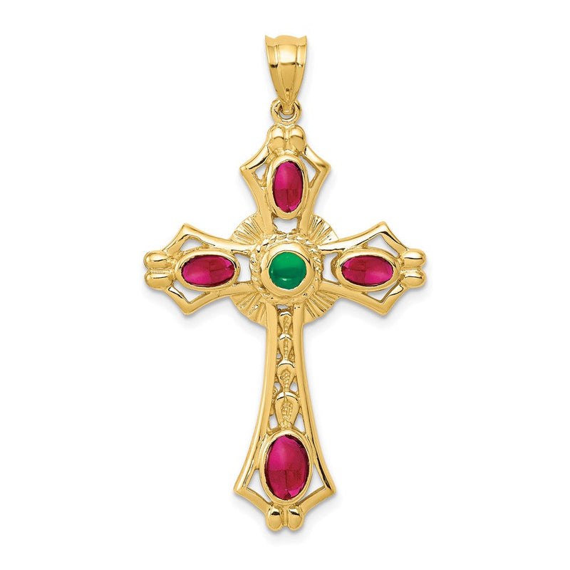 14K Gelbgold Rubin und Smaragd Cabochon Kreuz Anhänger
