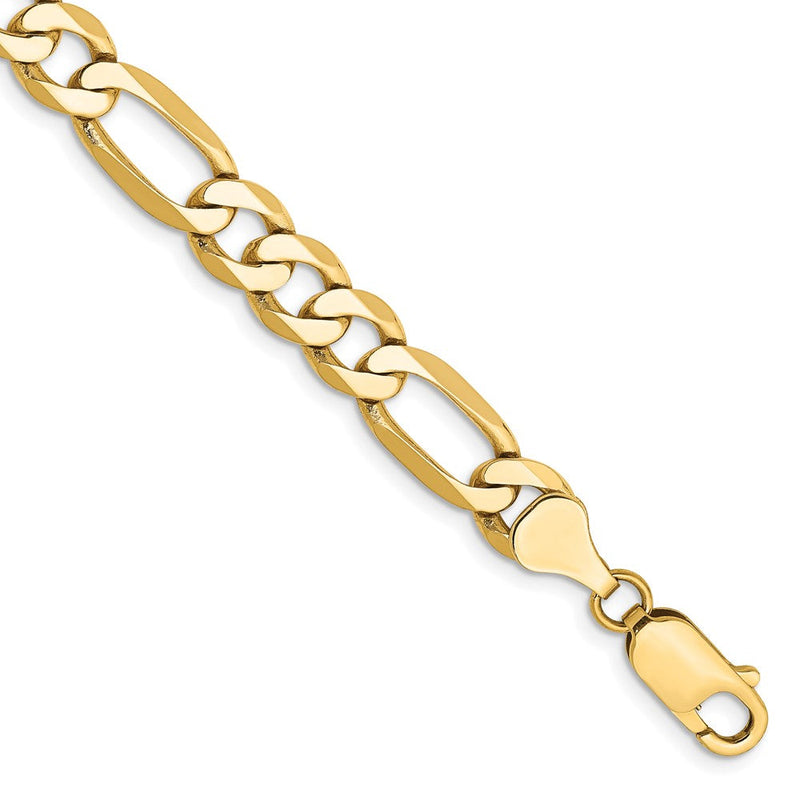 Massiv 14K Gelbgold 7mm Flach Figaro mit Karabinerverschluss Gliederarmband