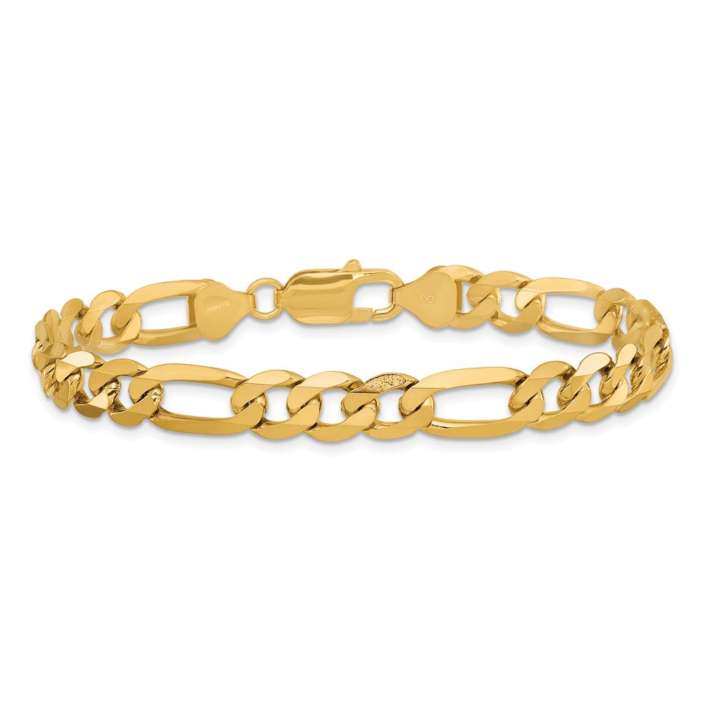 Massiv 14K Gelbgold 7.5mm Flach Figaro mit Karabinerverschluss Gliederarmband