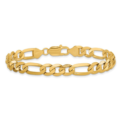 Massiv 14K Gelbgold 7.5mm Flach Figaro mit Karabinerverschluss Gliederarmband