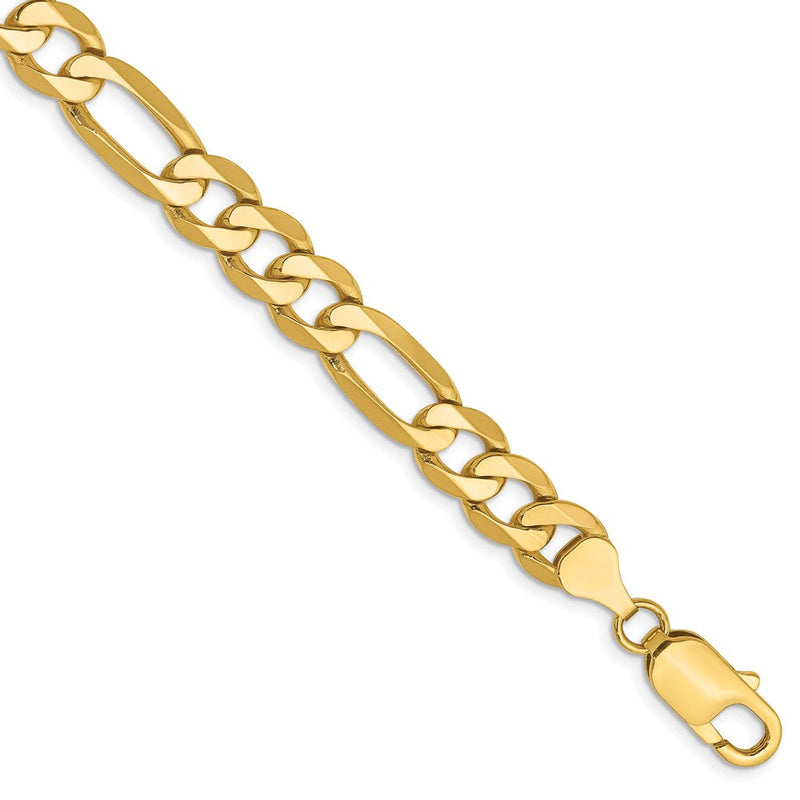 Massiv 14K Gelbgold 7.5mm Flach Figaro mit Karabinerverschluss Gliederarmband