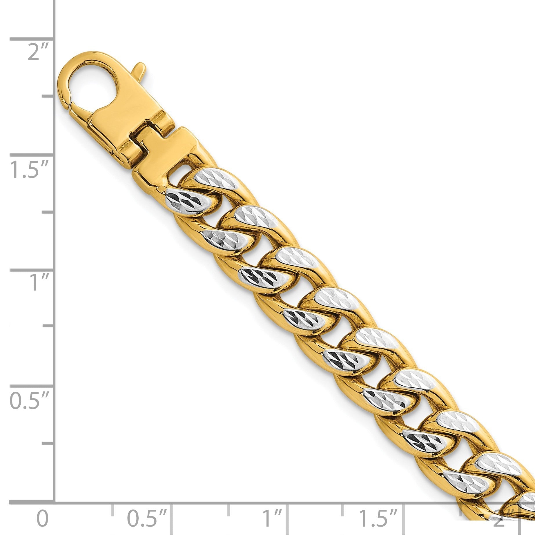 14K Gelbgold mit Rhodium Pavé Strukturiert 8.5mm Flach Panzer Kette Herren Armband