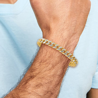 14K Gelbgold mit Rhodium Pavé Strukturiert 8.5mm Flach Panzer Kette Herren Armband