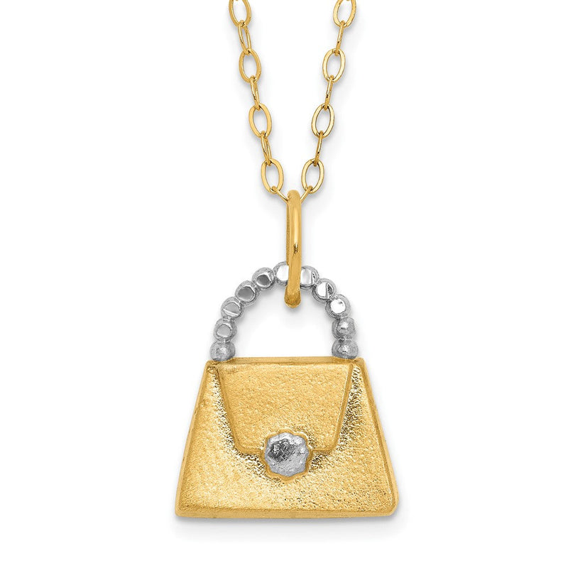 14K Gelb & Rhodium mit Weiß Kinder Poliert Strukturiert Purse Halskette