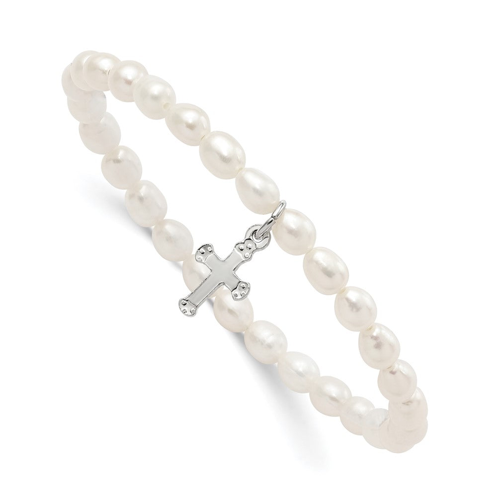 Sterlingsilber Kreuz Süßwasser Cult. Perle 5 Zoll Dehnbar Armband mit Geschenk Pouch