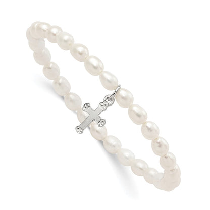 Sterlingsilber Kreuz Süßwasser Cult. Perle 5 Zoll Dehnbar Armband mit Geschenk Pouch