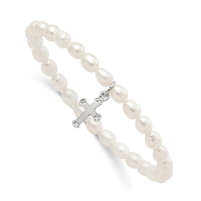 Sterlingsilber Kreuz Süßwasser Cult. Perle 5 Zoll Dehnbar Armband mit Geschenk Pouch