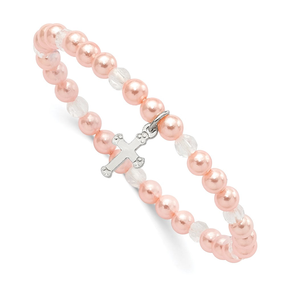Sterlingsilber Rosa Muschel Perle & Kristall Dehnbar Kreuz Armband mit Pouch
