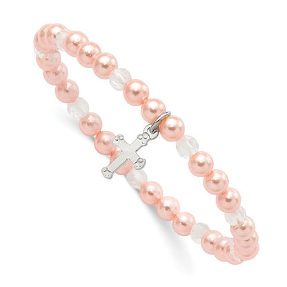Sterlingsilber Rosa Muschel Perle & Kristall Dehnbar Kreuz Armband mit Pouch